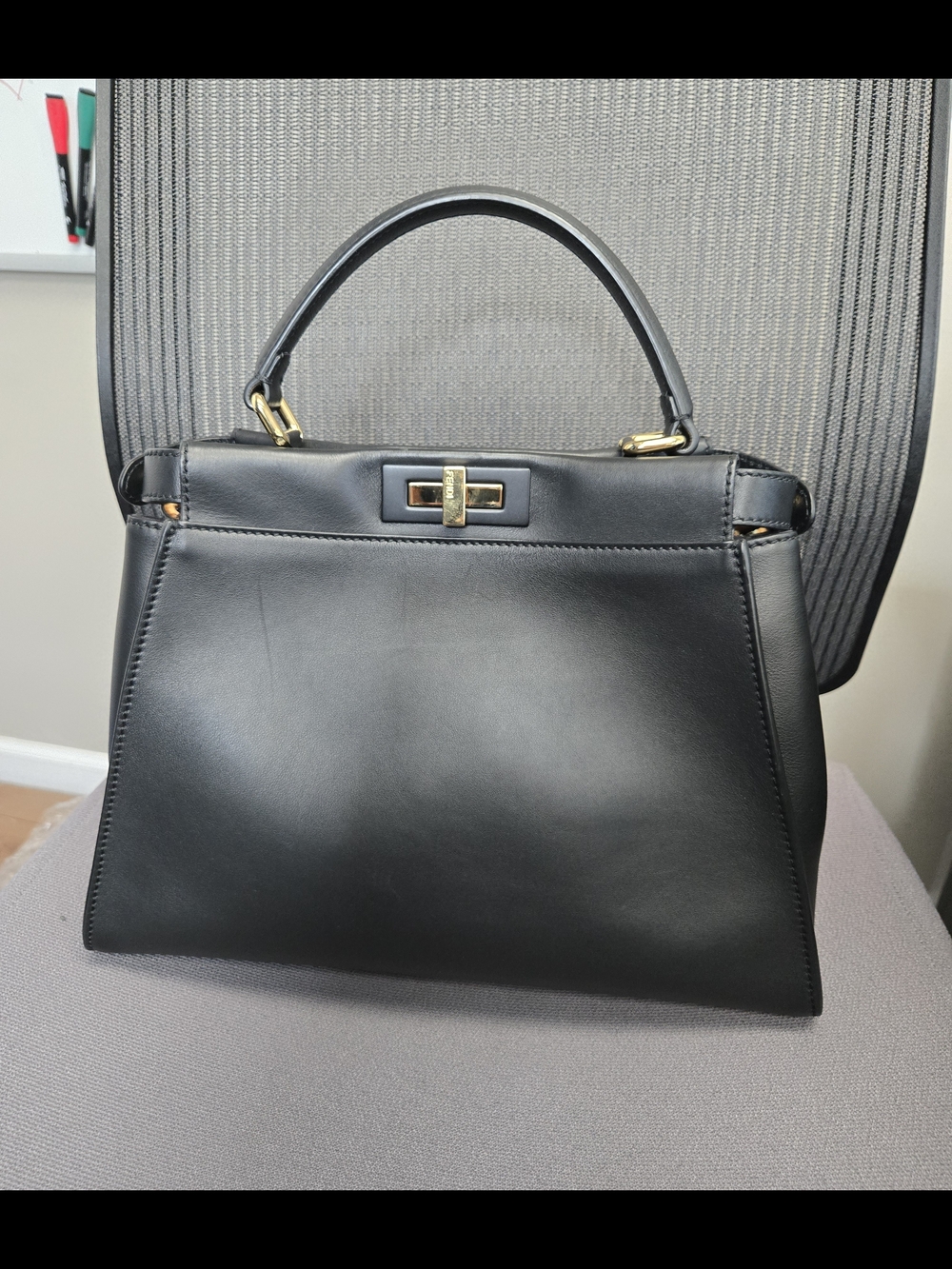 Fendi Peekaboo Regular Black Leather Bag Gold Hardware Velvet Interior